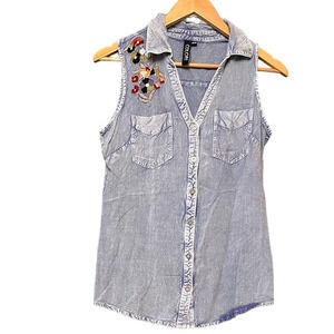 Button up denim top, size Medium, with floral design